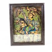 Antique Persian Isnik Qajar Pottery tile, in wood framed display case, a/f.