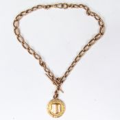 9ct Rose Gold double Albert watch chain with T-bar and Horse medal dated 1920, 42g.