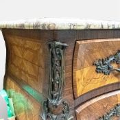 French Louis XV style Bombe chest of four drawers, with parquetry inlay, shaped marble top &