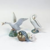 Lladró porcelain figurines compromising Taking Off, no.1265, Preening Goose, no.4553 and Mother
