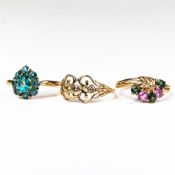 Three 9ct QVC Gold rings, each set with various semi precious gemstones, sizes Q/R, 6.5g. (3)