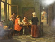 H J Harvey, early oil panting on canvas, interior card game 