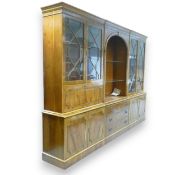 Three sectional Yew wood bookcase with astragal glazed doors & fitted bureau, curved open middle