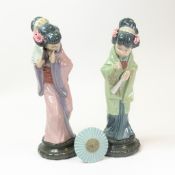 Lladró figures of Geisha girls, one holding a fan and the other holding a Parasol, tallest h.29.5cm,
