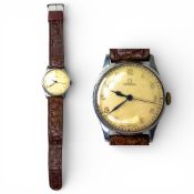 WWII era Gentleman's Omega wristwatch, c1939 stainless case, Arabic numerals, outer minute track,