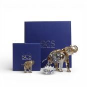 Swarovski Cinta Elephant (1137207) with Cinta Plaque together with young Elephant Calf (1142862)