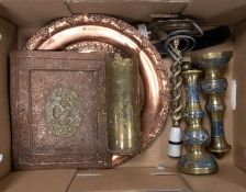 Mixed metalware to include a brass trench art shell case vase dated 1917, copper wall hanging tray