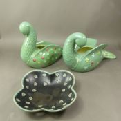 Beswick Kathi Urbach designed items, two bird vases/posy holders and a quad-form bowl, height of