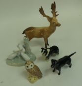 Beswick, Stag in brown gloss, no.981, Tawny Owl, no.3272, Border Collie, no.1792, Labrador, no.1956,