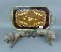 Italian twin handled decorative small tray, together with two carved wooden lion figures (3).