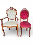 French style carved oak elbow chair, button back with padded armrests upholstered in cream fabric,