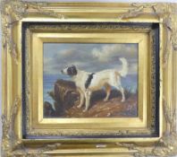 Gilt framed reproduction, oil on board, depicting a dog in a landscape, signed Edward Bradley 1854