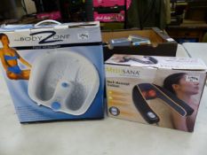 Two BNIB massagers, a Medisana neck massage cushion and a Hinari Body Zone foot massager (2).