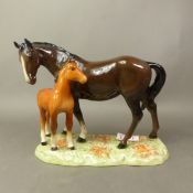Beswick Mare and foal on a plinth base textured as grass model 953