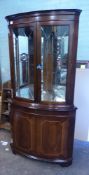 Inlaid mahogany corner display cabinet, mirror lined with glass shelves and internal lighting, H 182