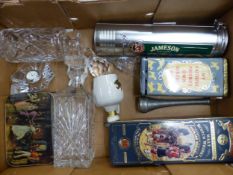 Mixed collection of items to include vintage tins, crystal decanters, small whisky decanter and