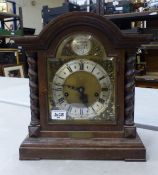 Early 20th century 'Junghans' (presumed) bracket clock, oak cased with barley twist columns, brass