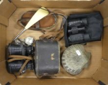 A mixed selection to include:- Binoculars with cases, shoe horn/button fastener, brass shell ashtray
