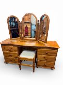 Pine large dressing table with 6 drawers, kneehole, freestanding trifold mirror, standing on bun