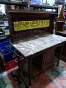Oak marbled topped and tile backed washstand with single central door and drawer to base, metal