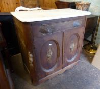 Carved mahogany marble topped side cabinet, 1 drawer/2 doors, W 66cm x H 74cm x D 43cm.