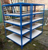 Three powder coated steel sets of racking/shelving units, 5 hardboard shelves per unit, size: