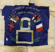 First World War era patriotic embroidered silk panel, approx 50cm x 50cm.