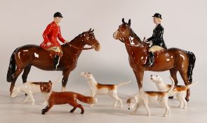 Beswick brown Huntsman 1501 and Beswick brown Huntswoman 1730 together with set of 4 Foxhounds and