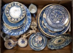 A collection of blue and white ceramics including Dutch ceramics, etc (1 tray).