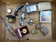 A collection of modern quartz pocket watches, together with novelty cigarette lighters, boxed hip