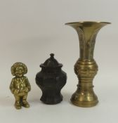 A selection of metal ware to include:- Chinese Brass Gu Vase, Asian bronze style lidded container,