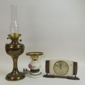 Art Deco Metamec mantle clock, together with brass oil lamp and ceramic electrified oil-lamp table