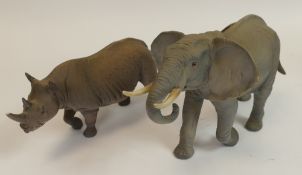Wade, World of Survival models of an Elephant and Rhino (damaged horn). (H: 16cm) (2)