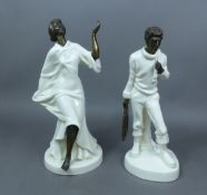 Two Minton ivory bone china and bronze figures, Grecian Dancer MS6 and The Fisherman MS13, both