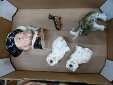Mixed named ceramics to include a Royal Dux elephant with trunk in salute, a pair of Royal Doulton