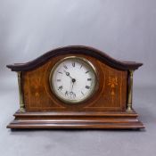 Inlaid mahogany mantel clock, Swiss movement, white enamel dial with Roman numerals, width 28cm,