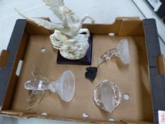 Three French crystal figures, Owl, Bears and Dolphins, together with a large resin Pegasus figural