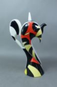Lorna Bailey coffee pot in black, yellow and orange on white ground, signed, height 29cm.