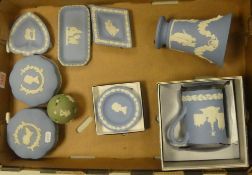 Wedgwood Jasperware to include:- Pale blue footed Trumpet vase, tankard, lidded trinket boxes, pin