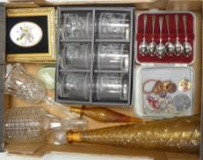 A collection of items to include a large mid century amber glass genie bottle decanter, possibly