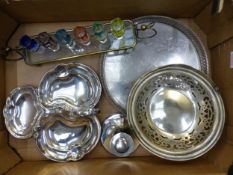 Harlequin set of shot glasses in a stand (damage noted), together with silver plated and white metal