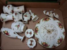 Royal Albert Old Country Roses pattern items to include a pair of vases, further vases, a wall