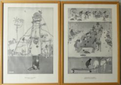 Framed illustrations by W Heath Robinson, The First Colliery, depicting various scenes, titled The