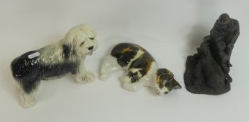 Ceramic Old English Sheepdog, cat lying down and resin sculpture depicting shepherd with sheep. (