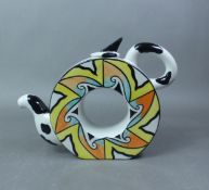 Lorna Bailey prototype teapot, circular form decorated in black, orange, yellow and pale green on