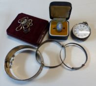 Three 925 silver bangles and a silver necklace with blue stone set pendant, together with a Wedgwood