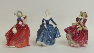 Royal Doulton lady figurines to include Top o'the Hill HN1834 early edition, Autumn Breezes HN1934