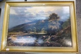 Large gilt framed over varnished print of a waterside scene with cattle to the foreground, overall