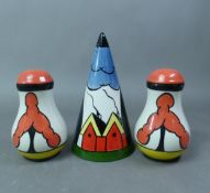 Lorna Bailey conical sugar sifter, together with a salt and pepper shaker set, all signed, height of