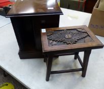 Inlaid mahogany revolving CD storage unit, together with a small carved oak stool (2).